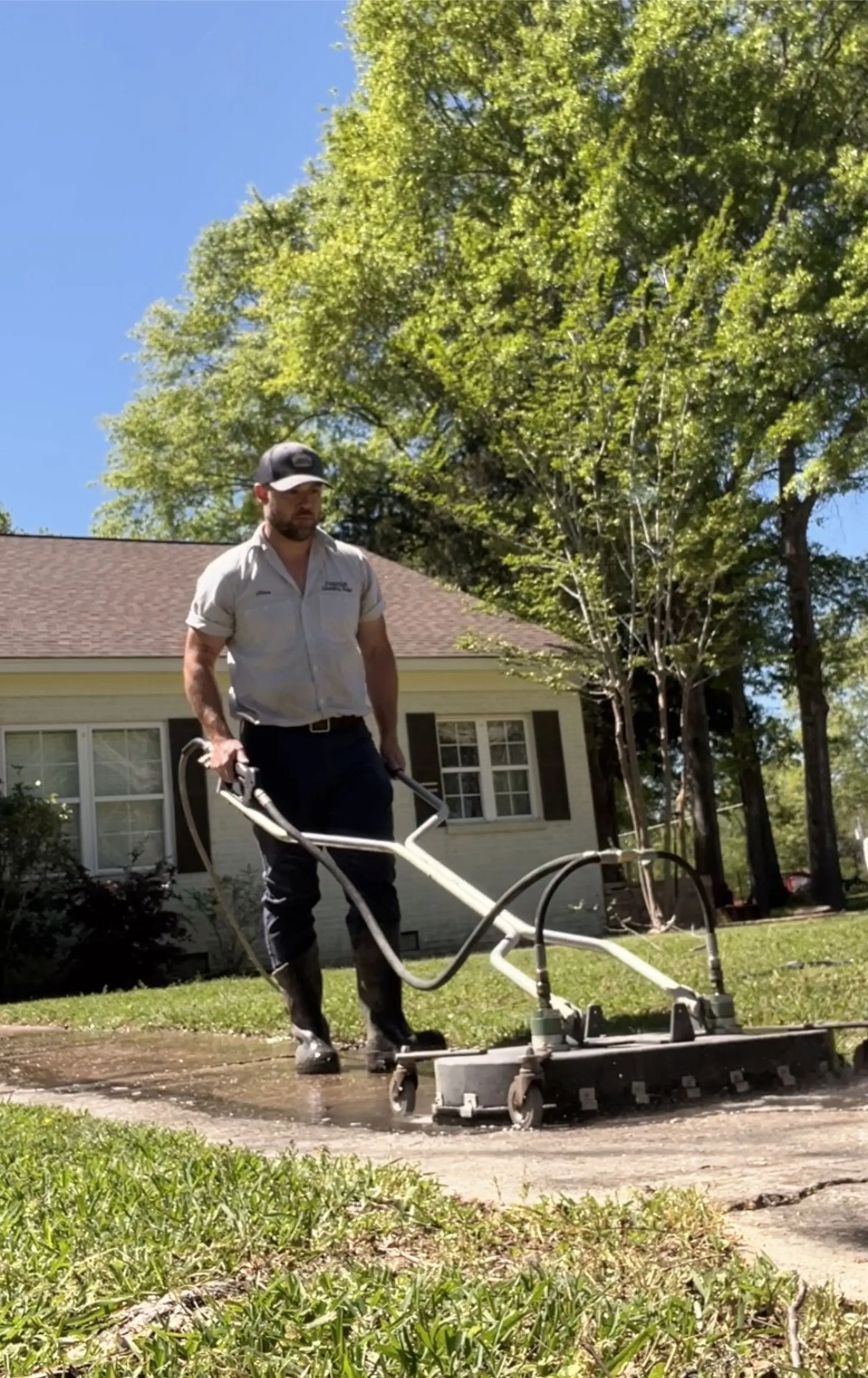 A Guys technician in a branded cap walking a surface-cleaner attachment across a sidewalk in front of a ranch-style home