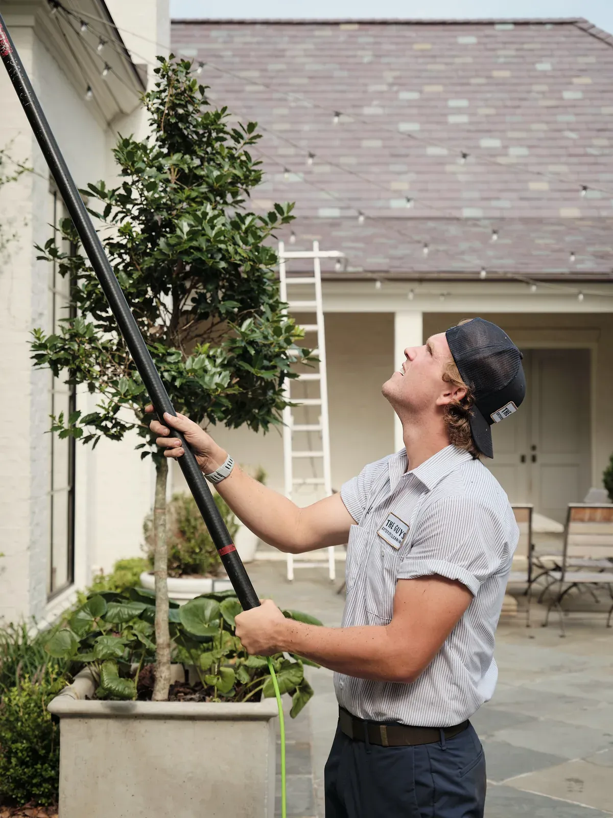 The Guys technician in branded cap and uniform soft-washing with a long extension pole, an extension ladder resting against the house behind him