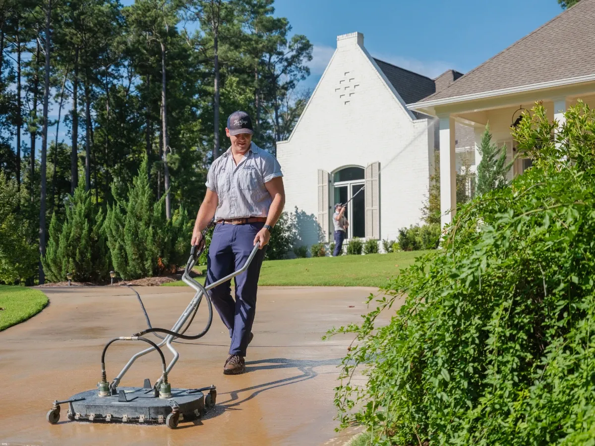 A Guys crew member using a surface cleaner to pressure wash a curved driveway in front of a white brick home